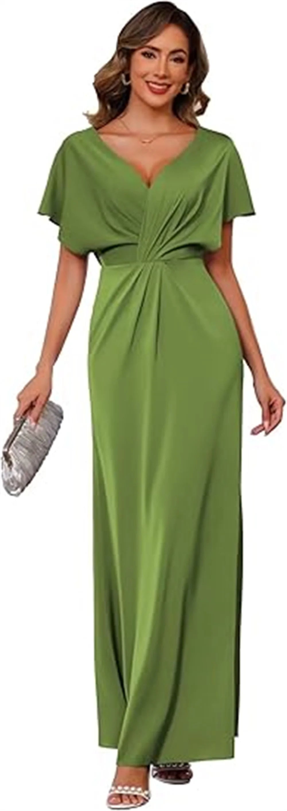 Women’s Maxi Dress – Satin Feel – Draped Waist – V-Neck – Short Sleeve Formal Fit