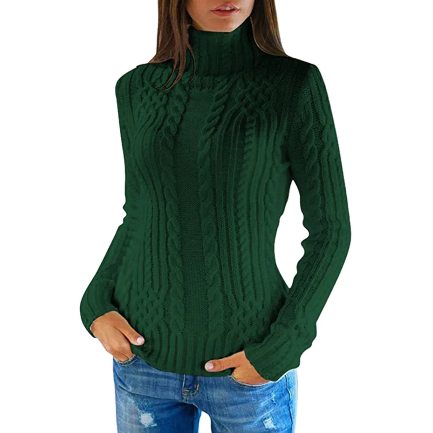 High-neck cable knit sweater for women