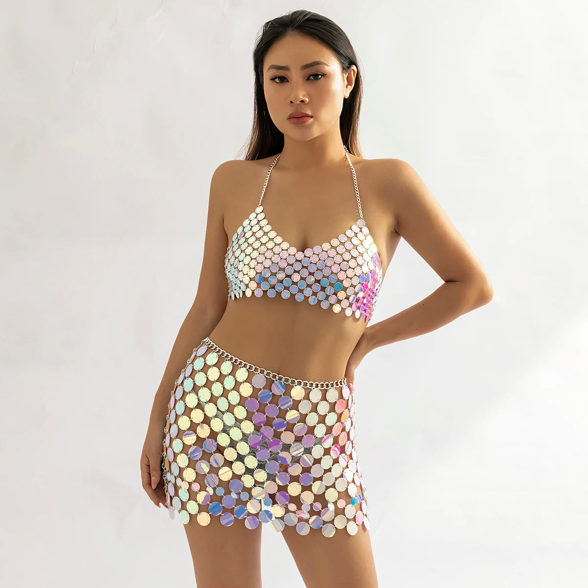 Women’s Sequin Halter Top and Skirt Set - Metallic Chainmail Style - Partywear Ensemble