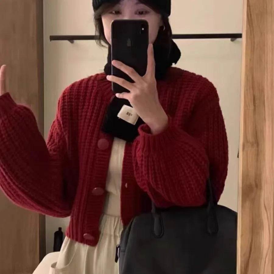 Women’s Cardigan – Wool Blend Knit – Loose Fit – Cropped Length – Balloon Sleeve
