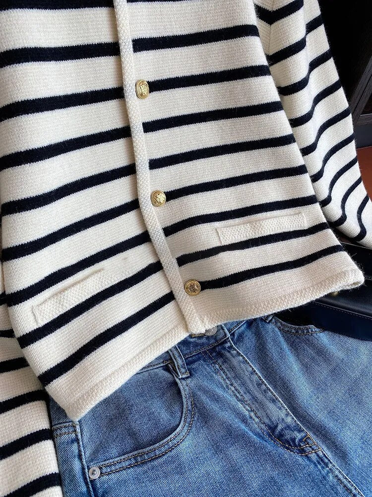 Soft waxy knitted striped sweater for women