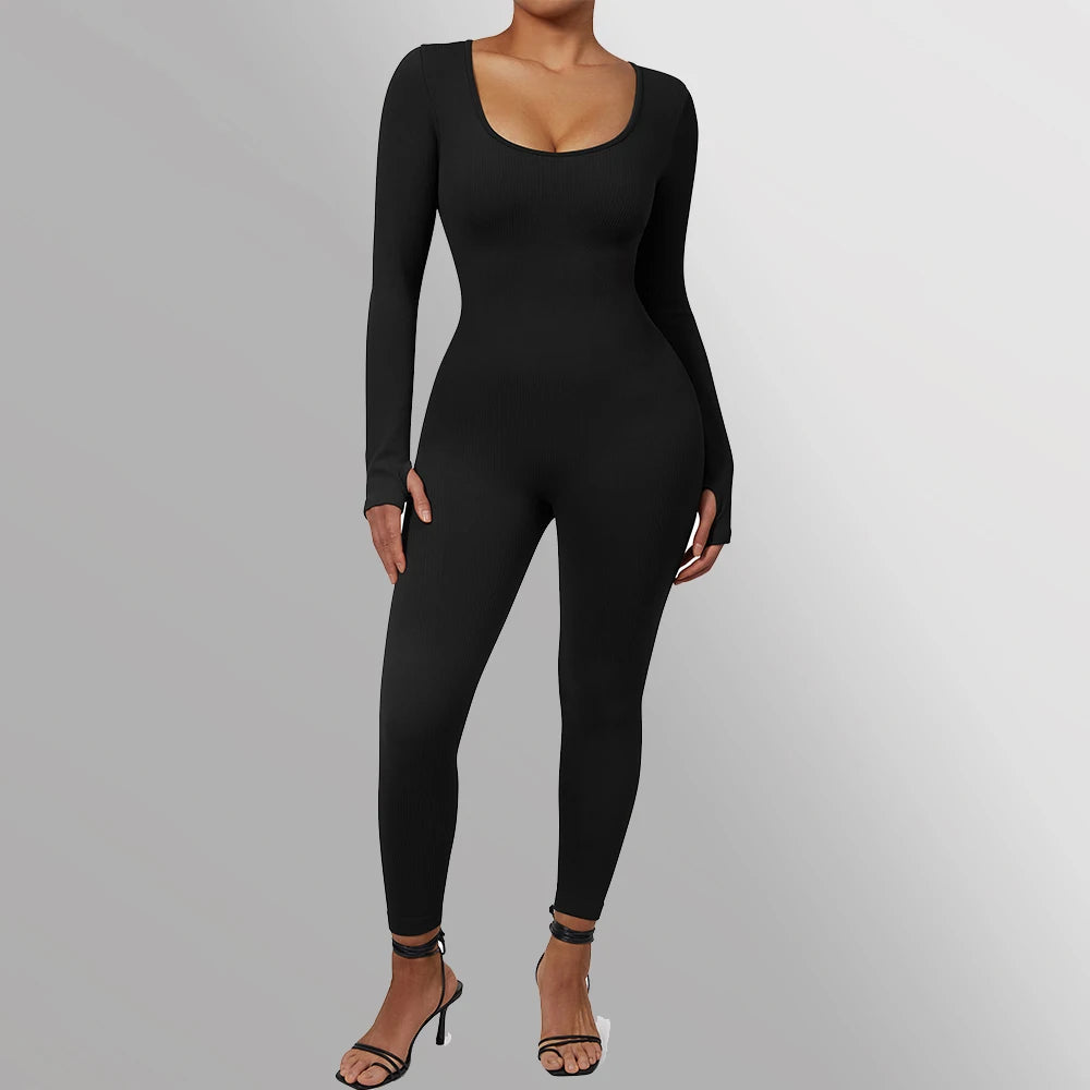 Women's Bodycon Jumpsuit - Long Sleeve Scooped Neck - Stretchable Full-Length Fit