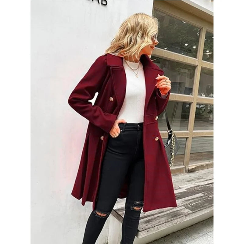 Women's woolen trench coat with skirt hemline double breasted