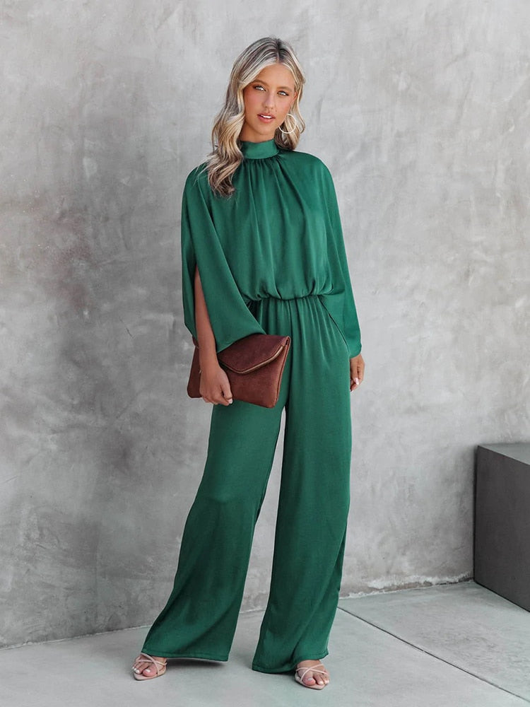 Women's Jumpsuit - High Neck - Draped Cape Sleeves - Wide Leg - Elegant Flowy Fit