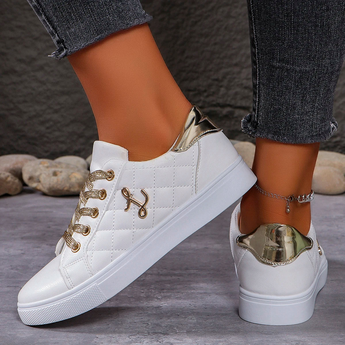 Women's Platform Sneakers - Quilted Design - Lace-Up - Casual Stylish Footwear