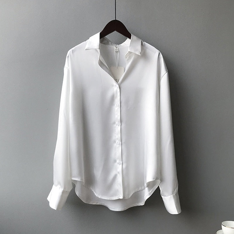 Women's Silk Blouse - Classic Button-Down - Collared Neck - Long Sleeve Relaxed Fit