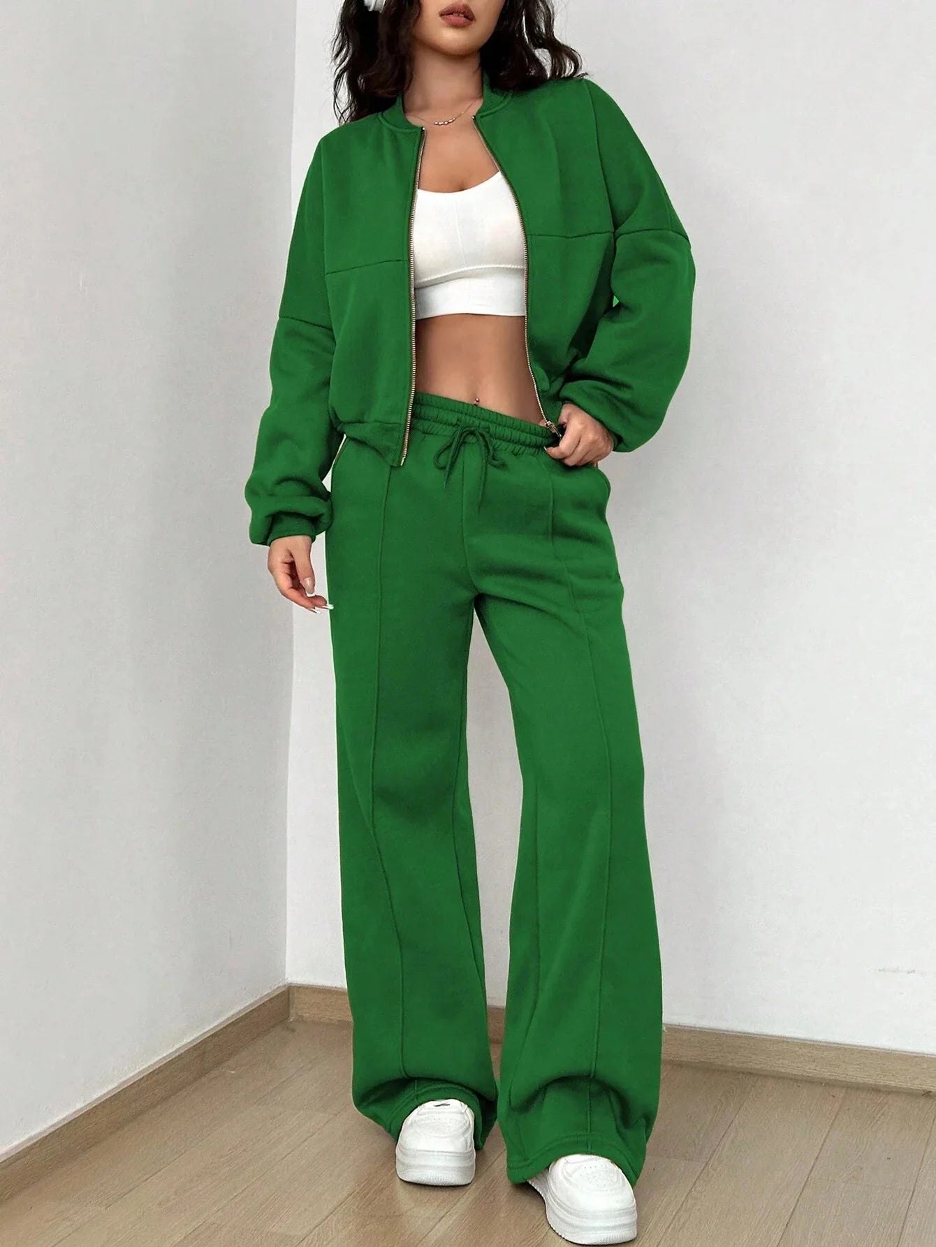 Women's casual zipper bomber jacket and wide leg pants set