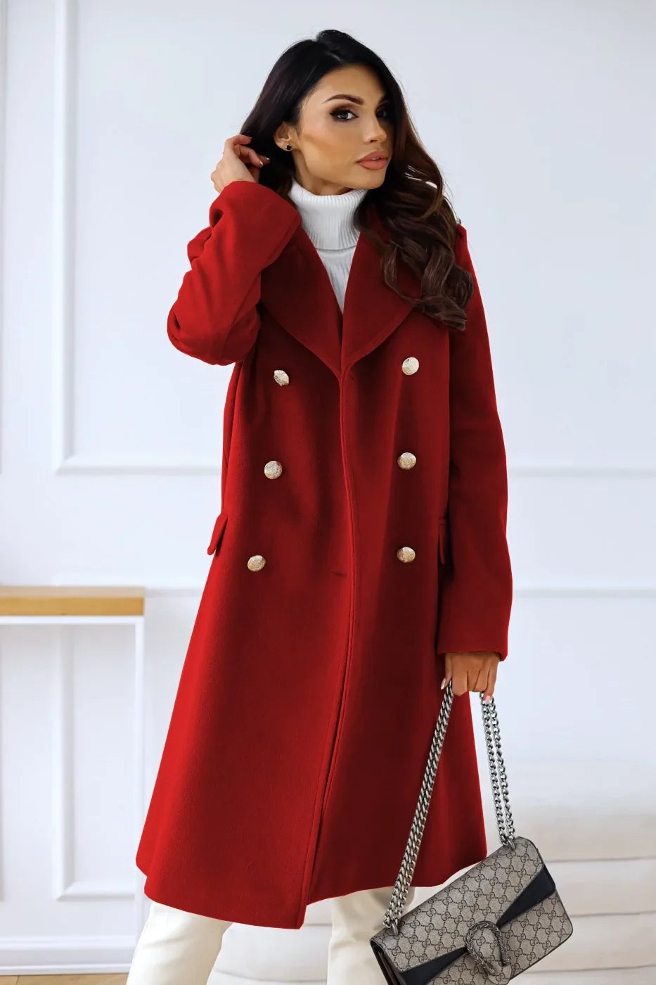 Women's double-breasted textured coat long sleeve lapel winter jacket
