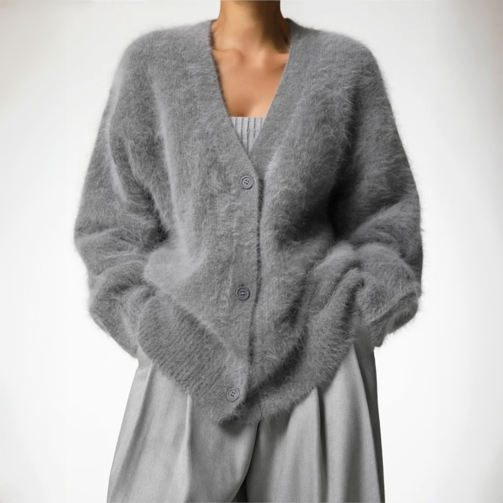 Women's oversized fuzzy v-neck cardigan