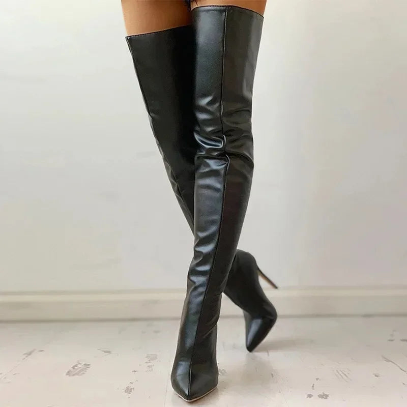 Women's thigh-high stretch PU leather heeled boots