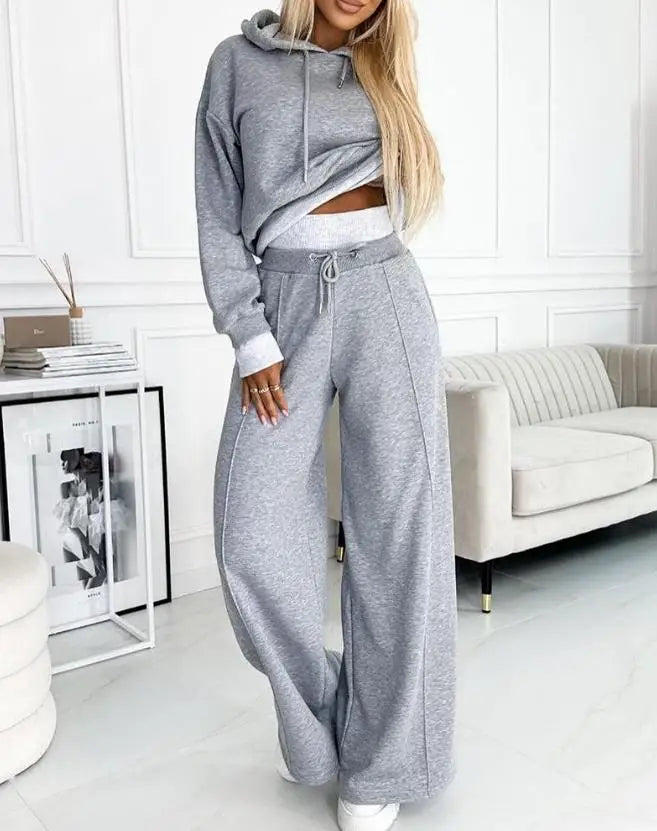 Women's hoodie sweatshirt and a high waist wide leg drawstring pants