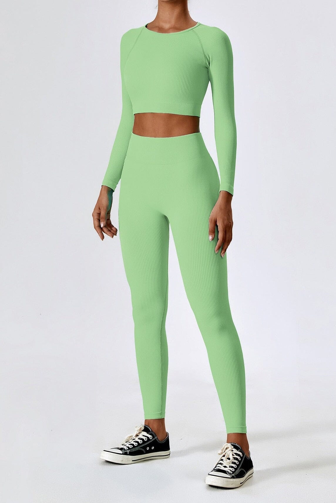 Women's Ribbed Knit Two-Piece Set - Long Sleeve Crop Top & High-Waisted Leggings