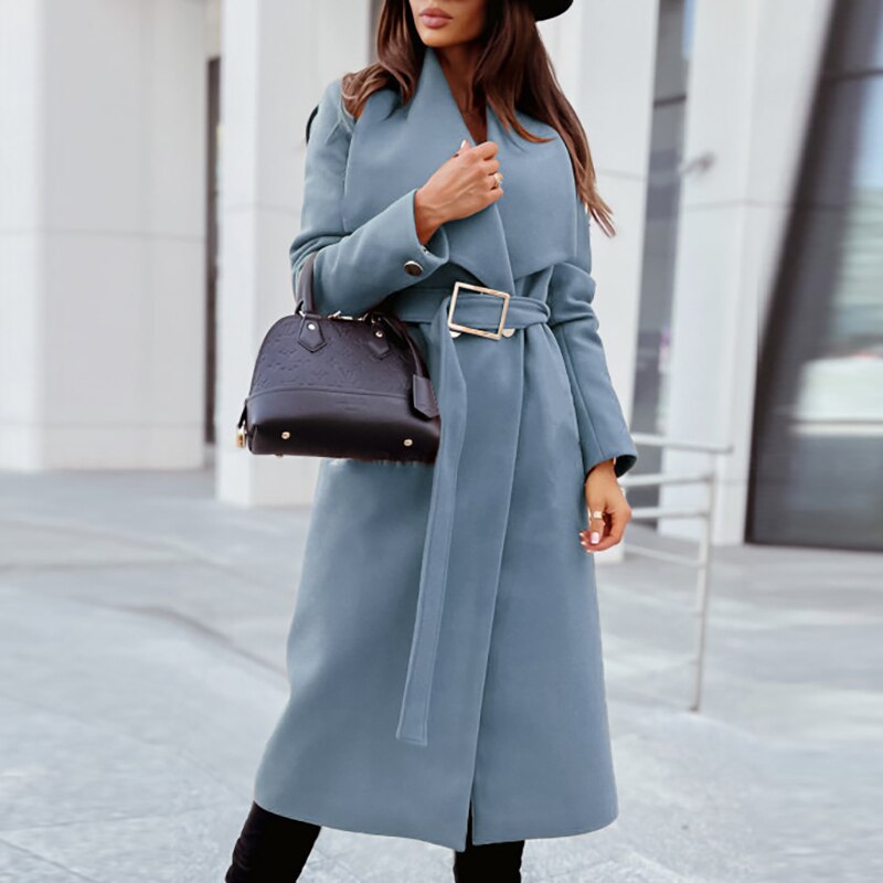 Women's knee-length belted lapel trench coat
