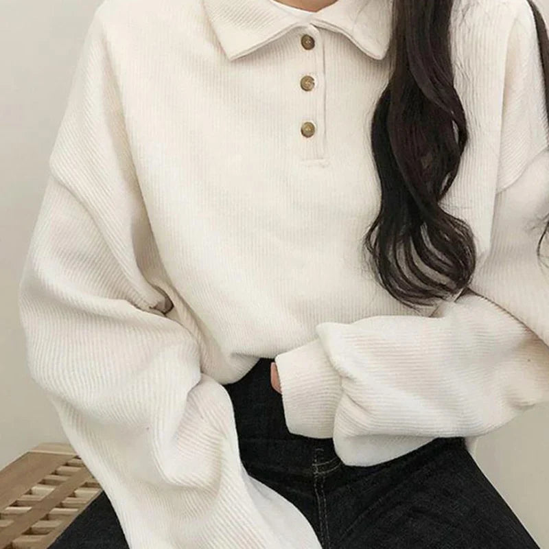 Women's polo collar loose long-sleeved sweater