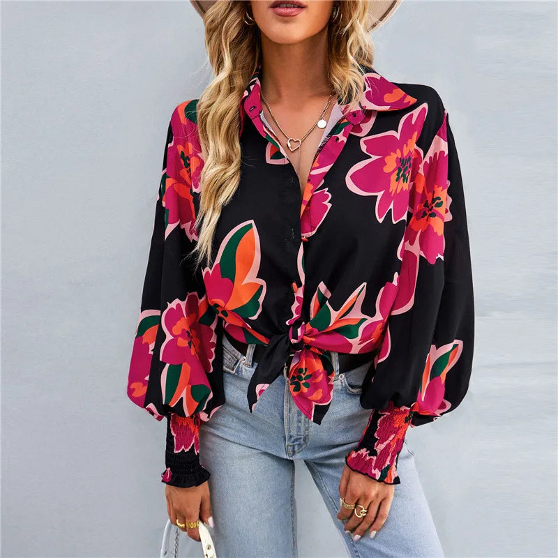 Floral Print Relaxed Fit Blouse With Smocked Cuffs