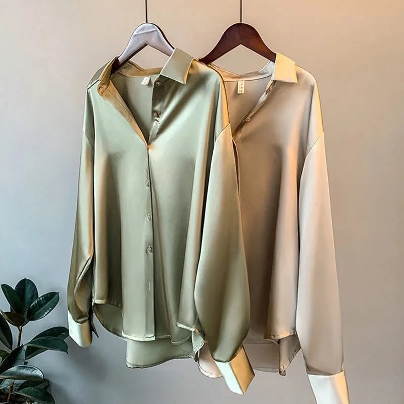 Women's Silk Blouse - Classic Button-Down - Collared Neck - Long Sleeve Relaxed Fit