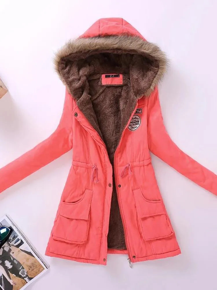 Saskia - long sleeve hooded mid-length coat