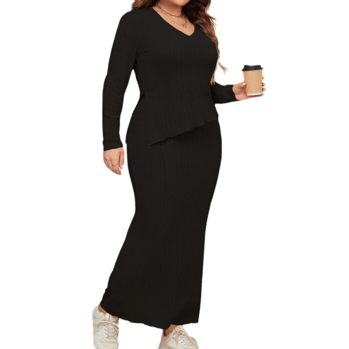 Women's Ribbed Knit Two-Piece Set - V-Neck Top & Maxi Skirt - Slim Fit