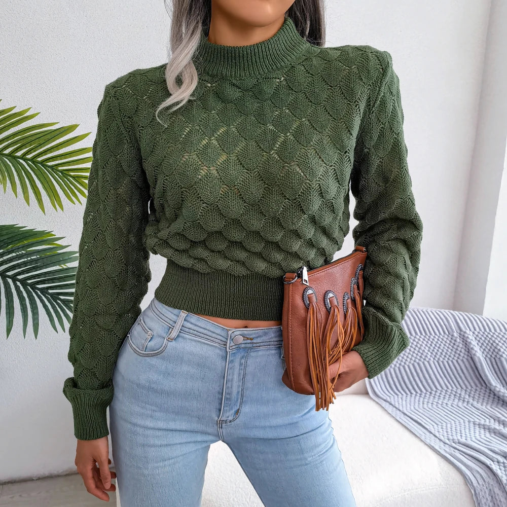 Hollow Out Long Sleeve Knitted Crop Top