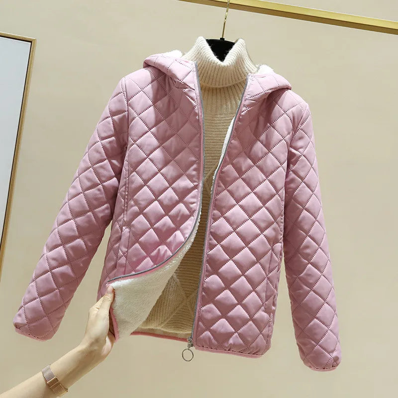 Women’s Quilted Hooded Jacket - Fleece Lined - Diamond Stitch - Zipper Front Closure