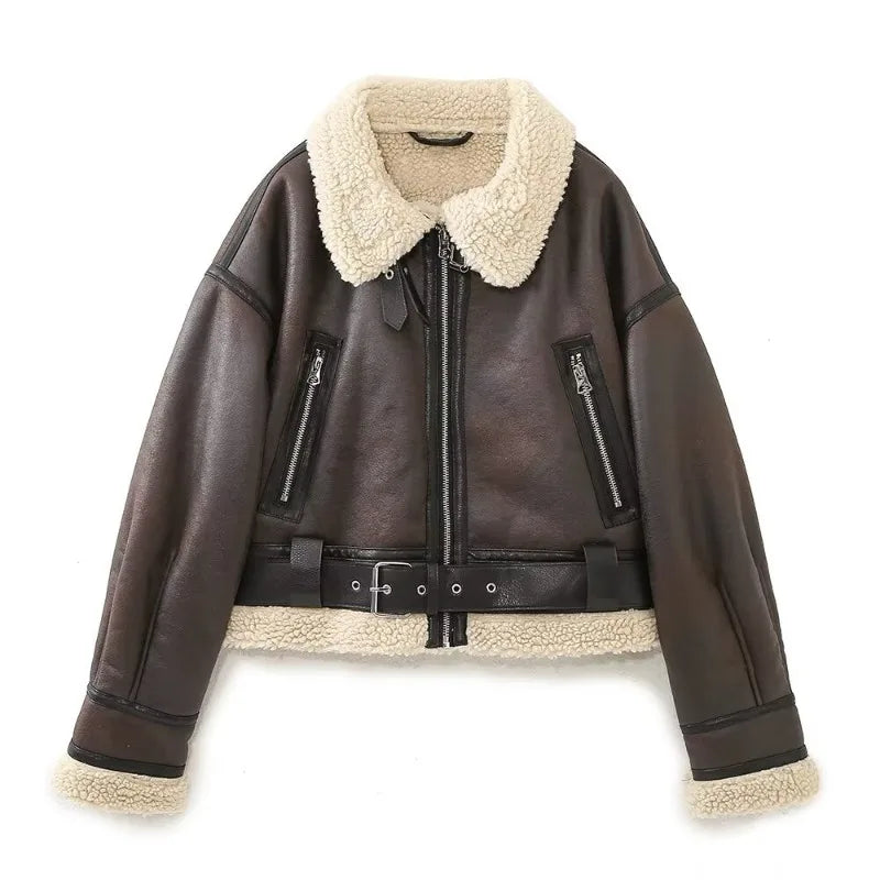 Women's faux shearling jacket winter belted coat long sleeve