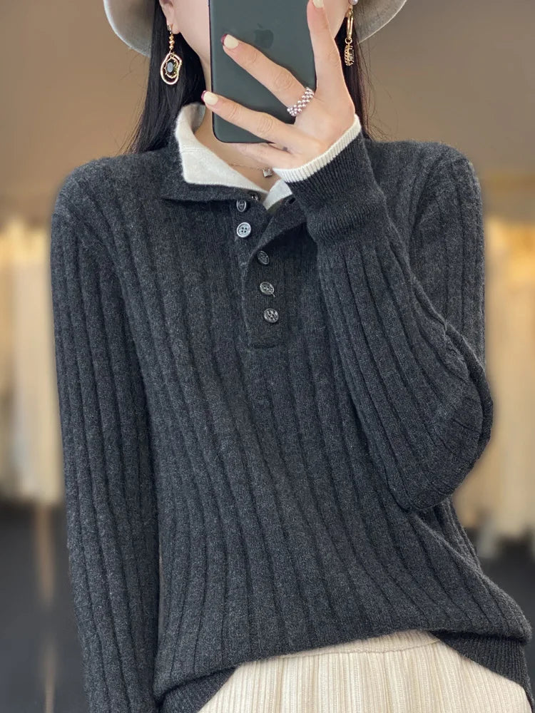 Ribbed Contrast Collar Polo Sweater