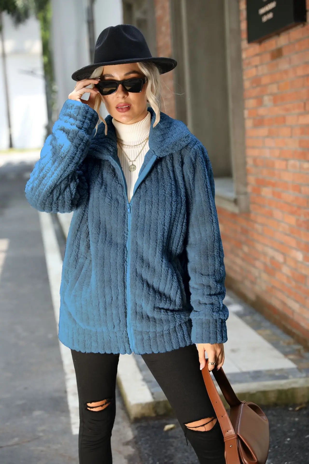 Women's velvet lapel medium-length coat