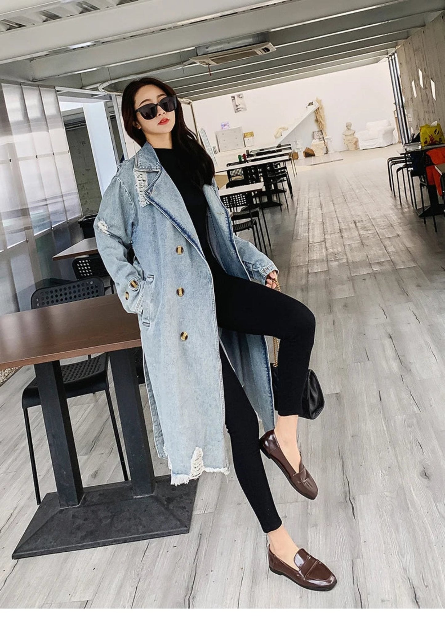 Women's retro denim windbreaker over knee jacket