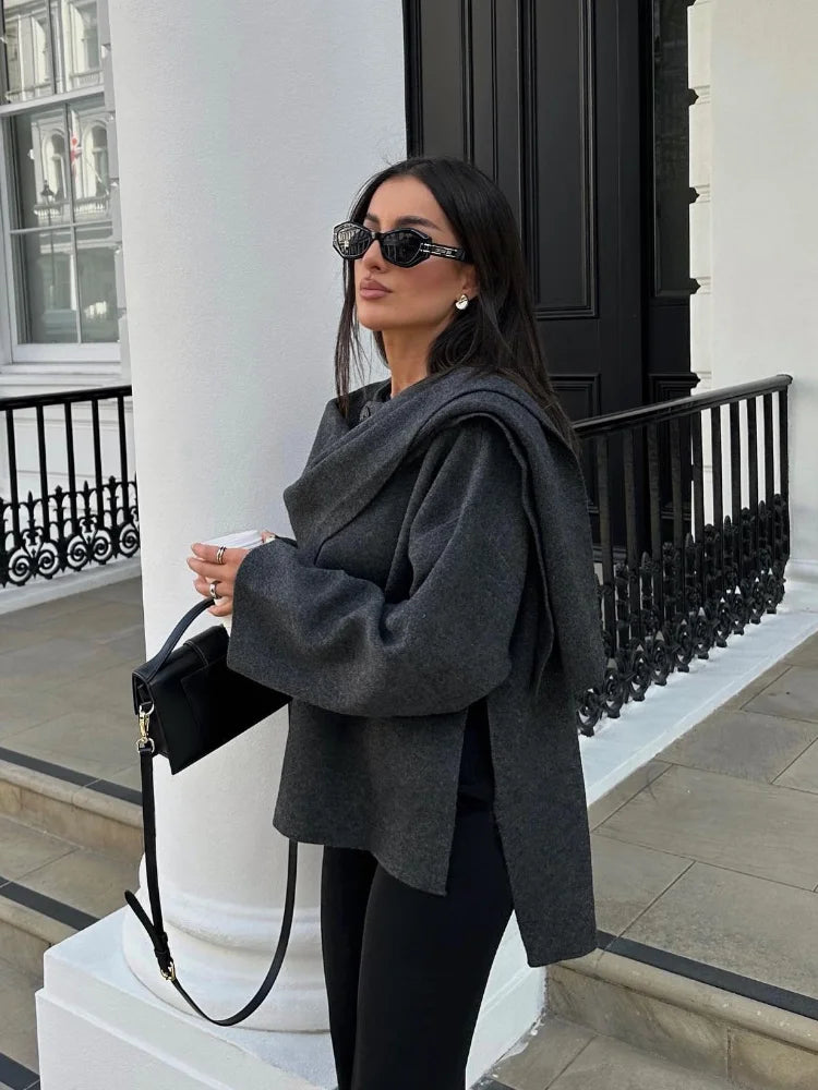 Elegant Asymmetric Solid Color Scarf Coat