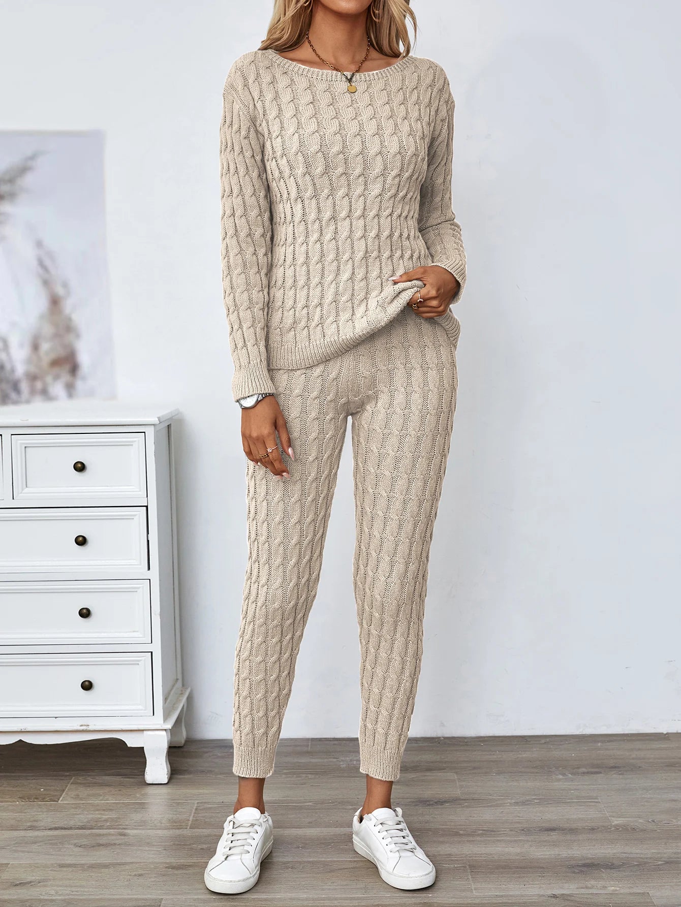 Women's casual knitted sweater and elastic pants set