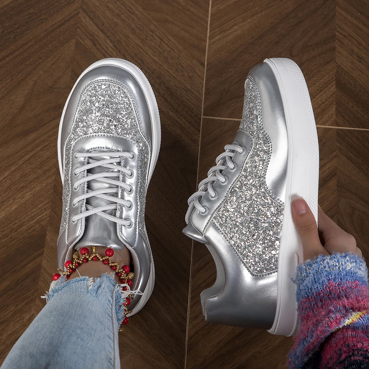 Women's Sneakers - Chunky Sole - Glitter Panel - Lace-Up Fashion Casual Shoes