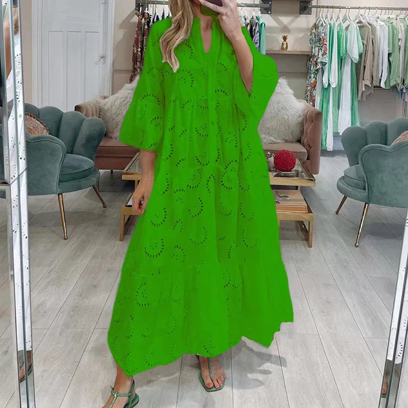 Women's Maxi Dress - Eyelet Lace - V-Neck - 3/4 Sleeve - Flowing Tiered Hem