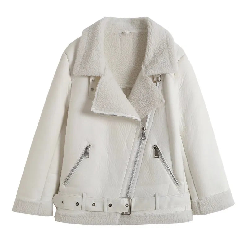 Women's modern classic wide lapel coat with belt and zipper closure