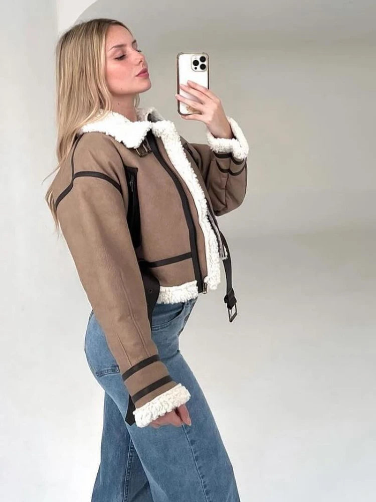 Women's faux shearling jacket winter belted coat long sleeve