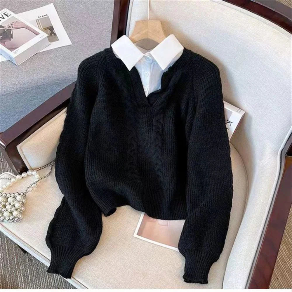 Women’s cable knit sweater with V-neck and layered collar
