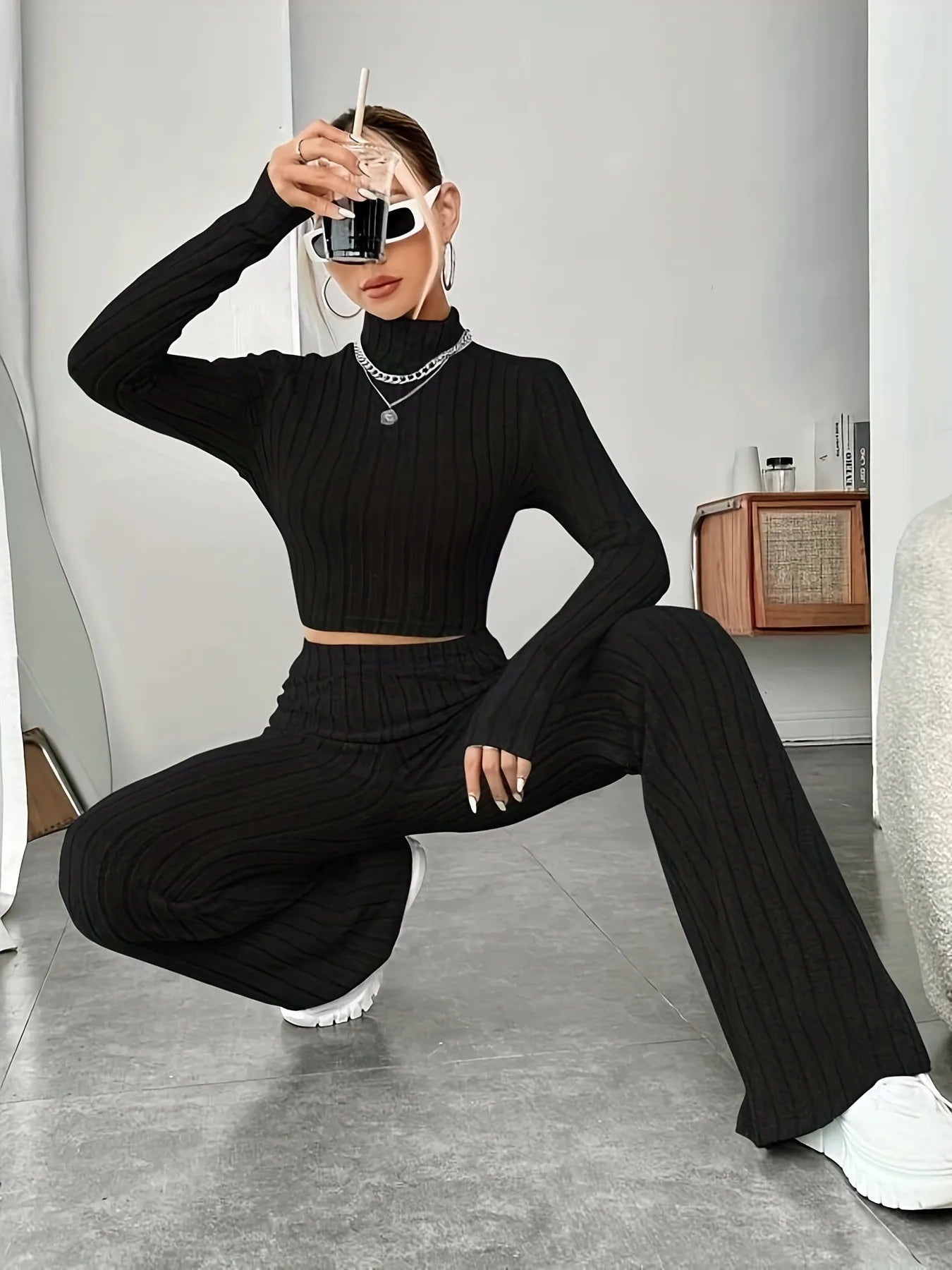 Spring women's knitted two-piece set sweater and loose pants