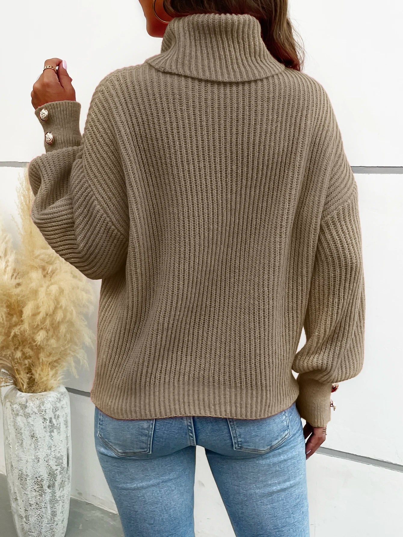 Button Detail Plain Turtleneck Top