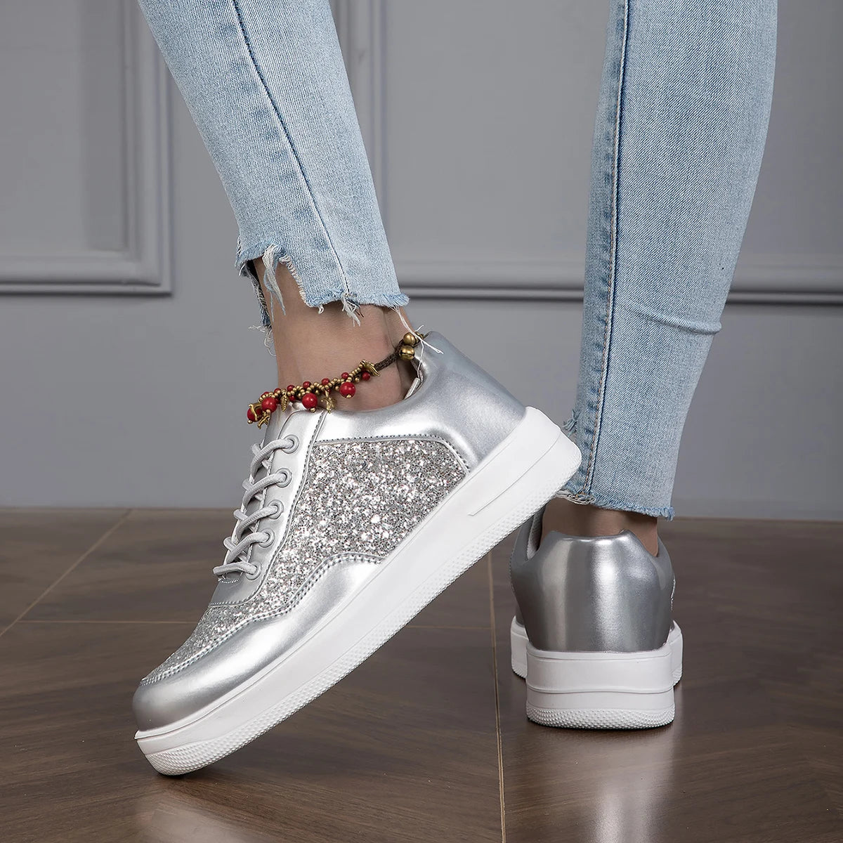 Women's Sneakers - Chunky Sole - Glitter Panel - Lace-Up Fashion Casual Shoes