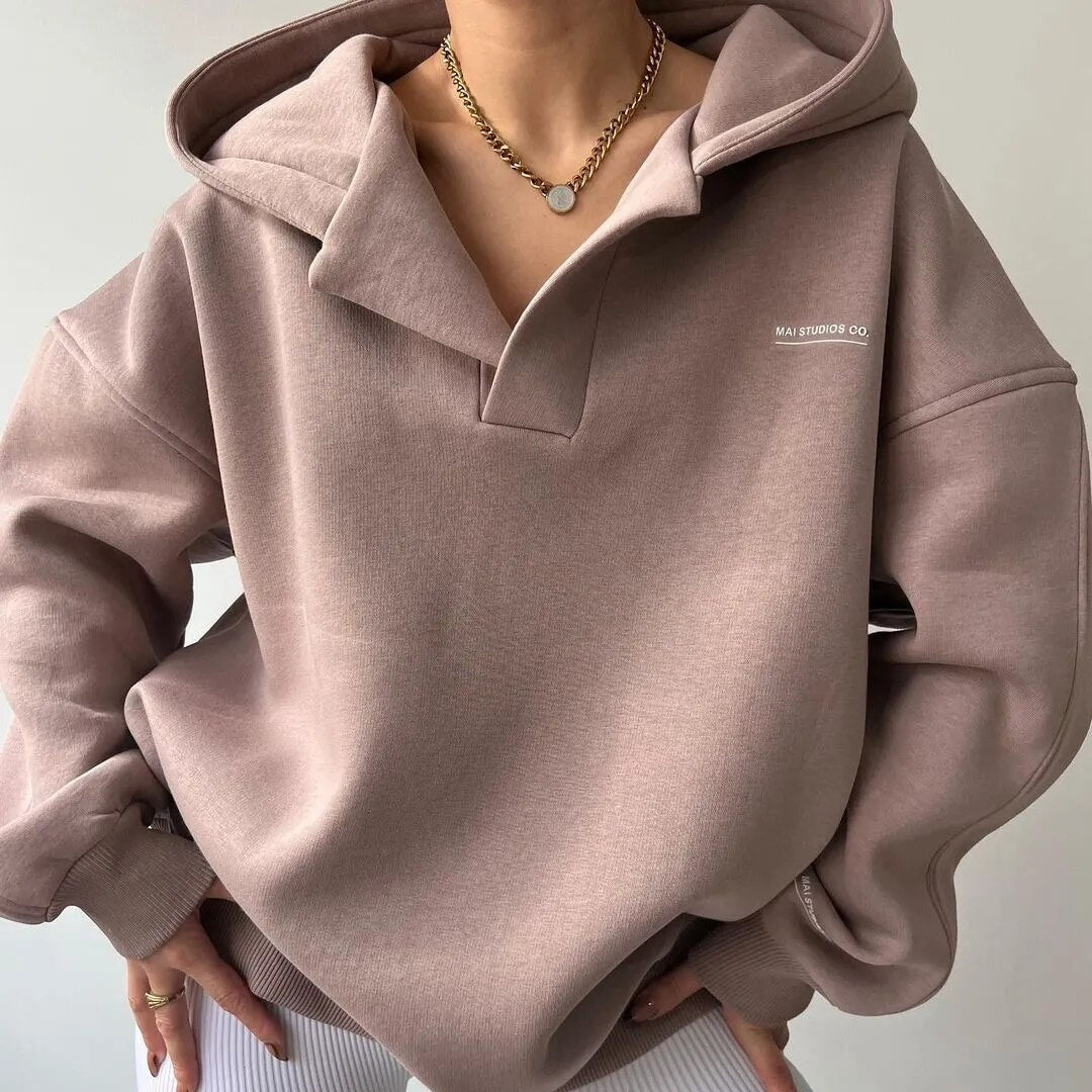 Women's loose hooded v-neck drop shoulder sweater