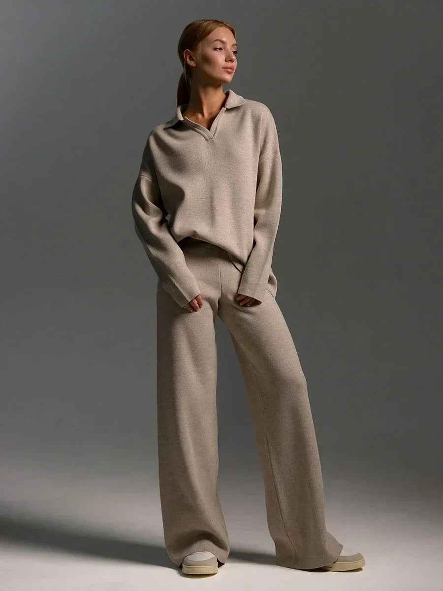Women’s Two-Piece Knit Set – Relaxed Fit Polo Neck Sweater – Wide-Leg High-Waist Pants