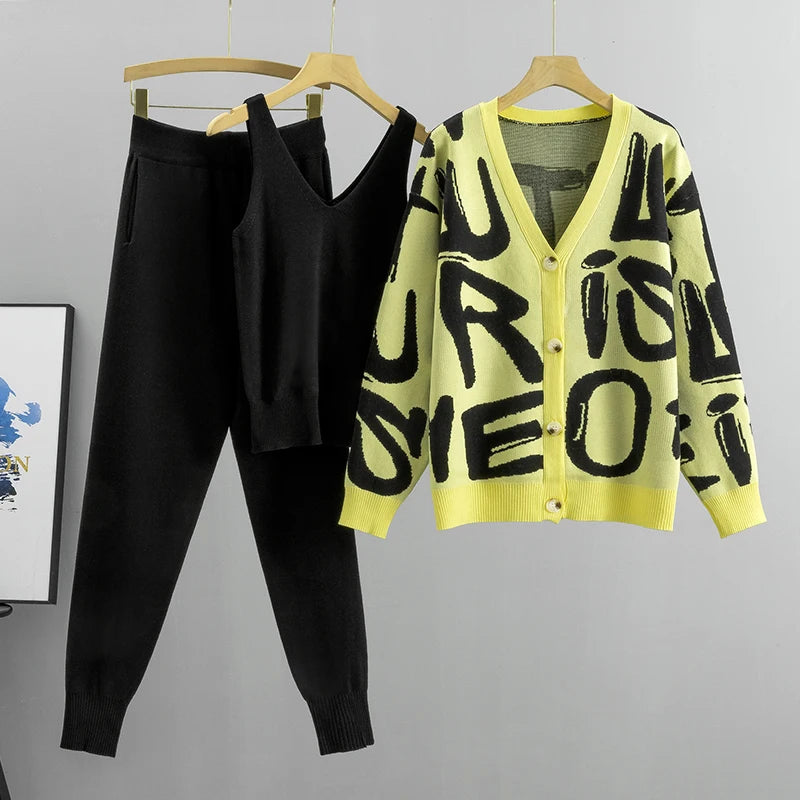 Knitted 3-Piece Sleeveless Top Tracksuit Set