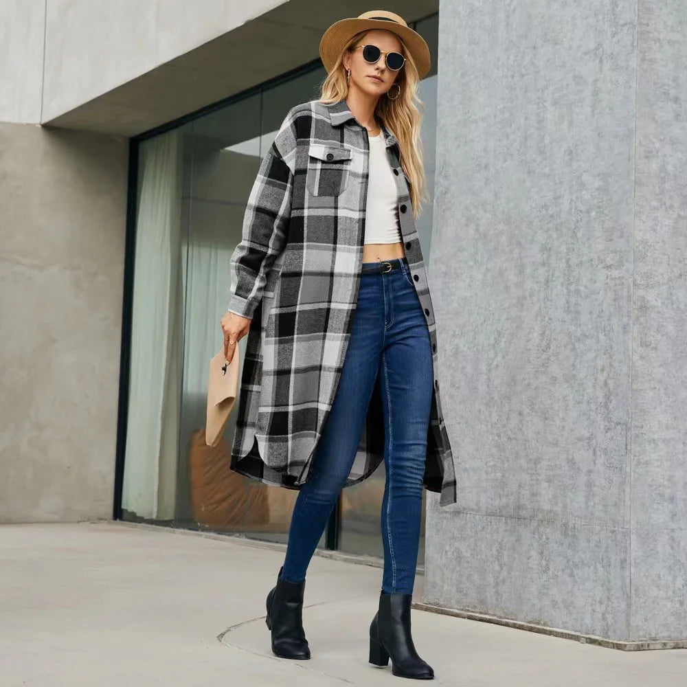Women plaid trench coat with side slits and pockets
