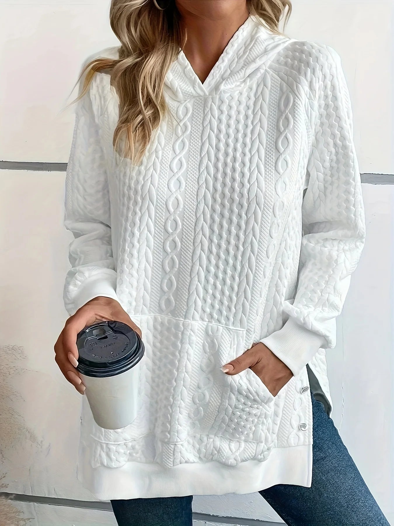 Women's casual cable knit hoodie sweatshirt with pockets