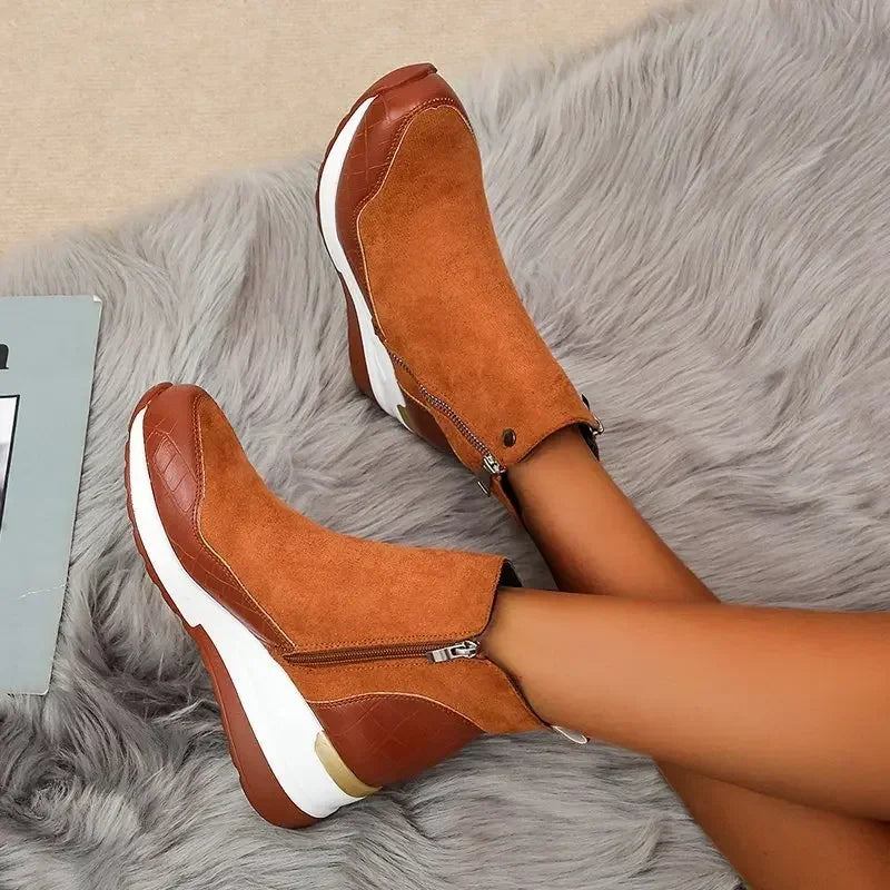 Women's Wedge Ankle Boots - Suede & Faux Leather - Side Zipper - Platform Sole