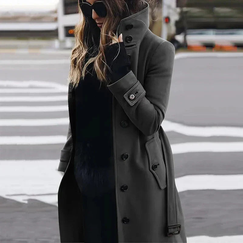 Women's button-down belted high-neck trench coat