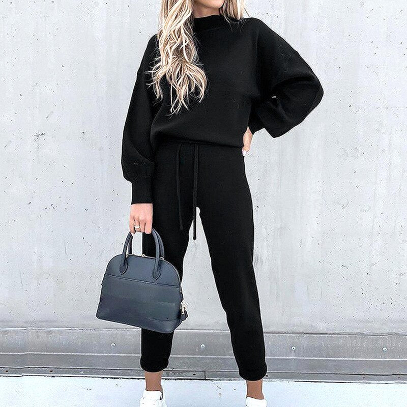 Women’s Loungewear Set - Soft Knit - Relaxed Fit Top & High-Waist Joggers - Balloon Sleeves