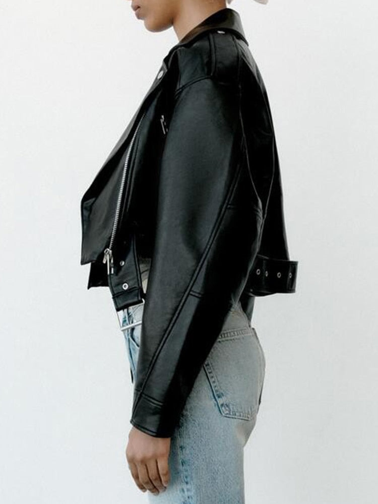 Women's biker style faux leather jacket with belt and zip
