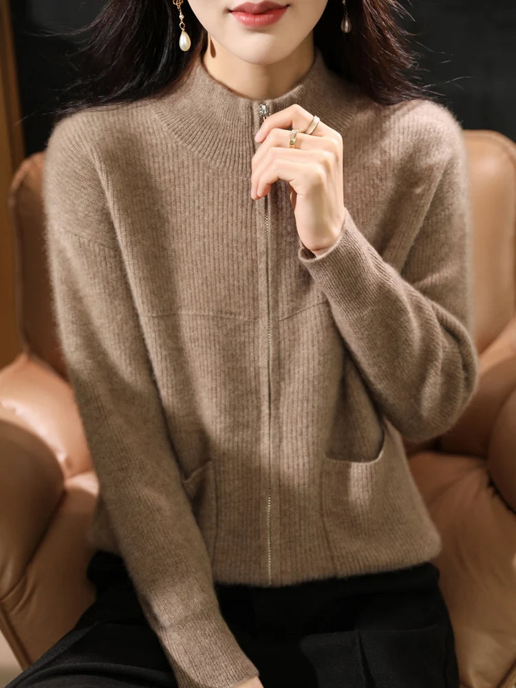 Women's textured half-collar zip cardigan autumn winter