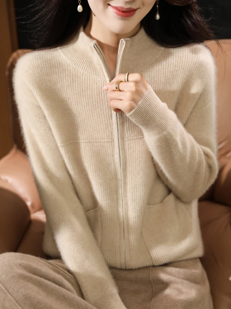 Women's textured half-collar zip cardigan autumn winter