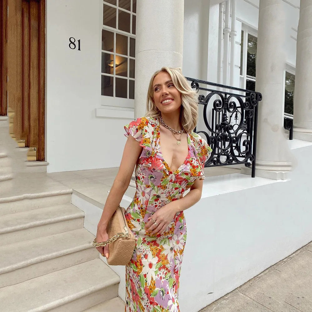 Elegant Floral Flutter Sleeve Maxi Dress